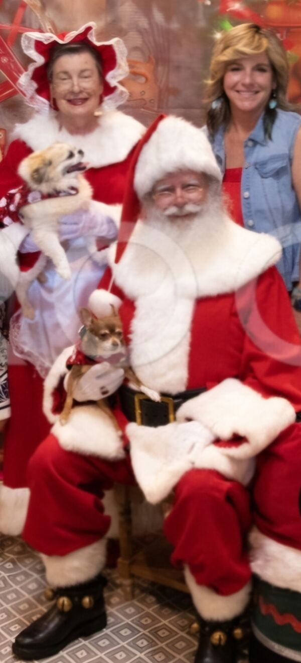 Santa and Mrs. Claus with a small dog and its owner