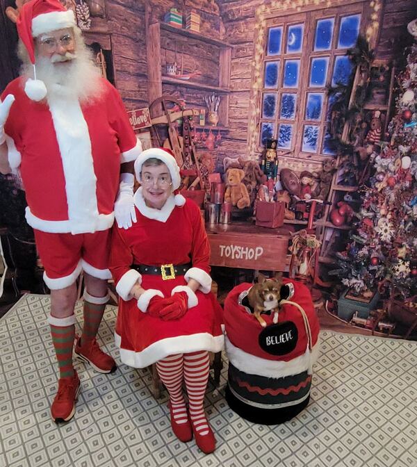 Santa with a young elf and a puppy in a basket