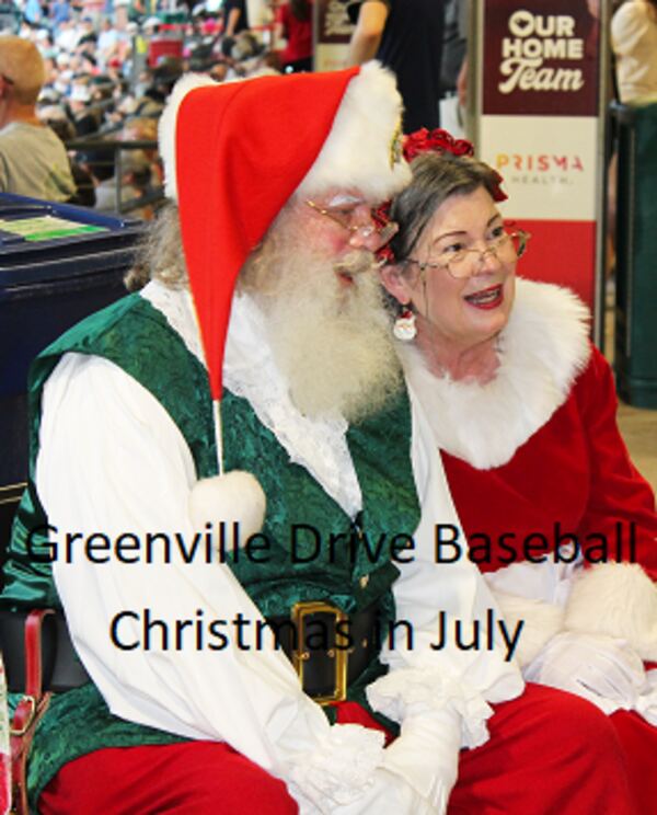 Santa Truette and Mrs. Claus Nancy at Greenville Drive's Christmas in July